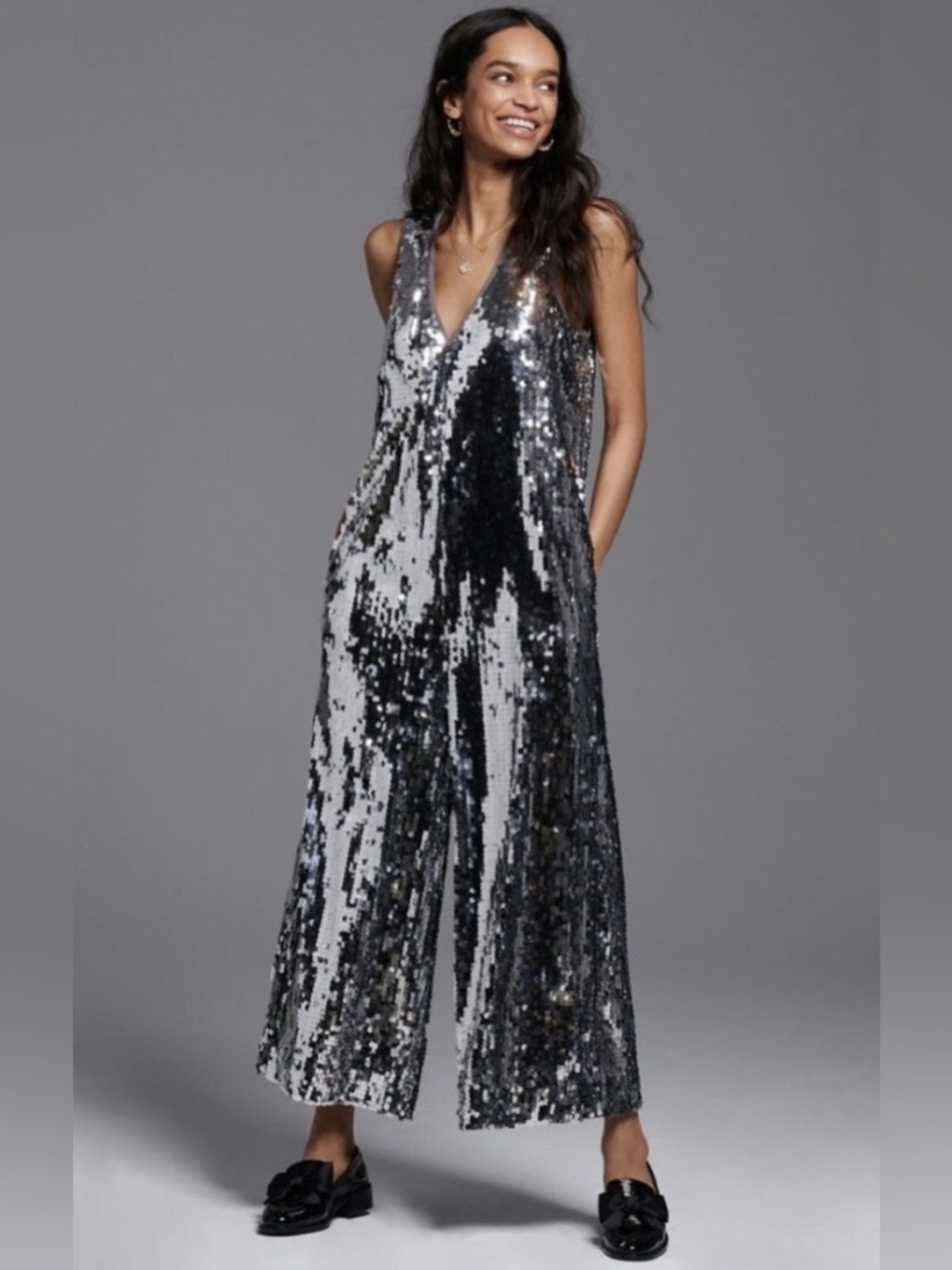 Anthropologie Maeve Silver Sequin V-Neck Jumpsuit